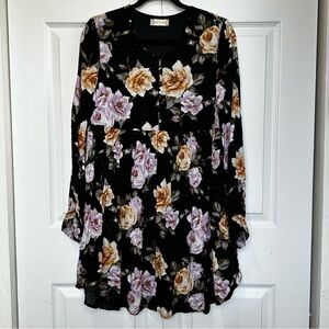 Altar'd State Floral Long Sleeve Mini Dress Size L Black Yellow Rose Like New